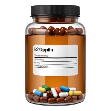 brown glass jar of supplements with white label, black thin title K2  sticker