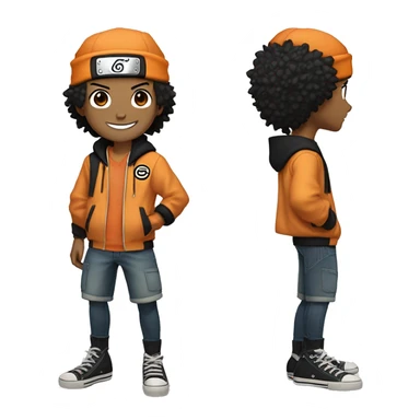 Naruto character looking brazilian , biracial, short straight black hair, orange jacket with a little black, a head wrap from his character, black Converse shoes, jean shorts and smiling sticker