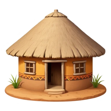 African mud hut tribal house, round adobe clay house, thatched roof, warm sunlight, colorful tribal patterns, cute mobile game icon, 3D cartoon, high detail, clean background sticker