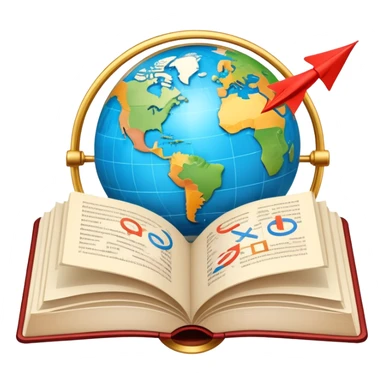 An icon featuring an open book with speech bubbles showing different alphabets—Latin, Cyrillic, Kanji. A globe and translation arrows symbolize global communication and language learning. Transparent background highlights cultural exchange and linguistic diversity. sticker