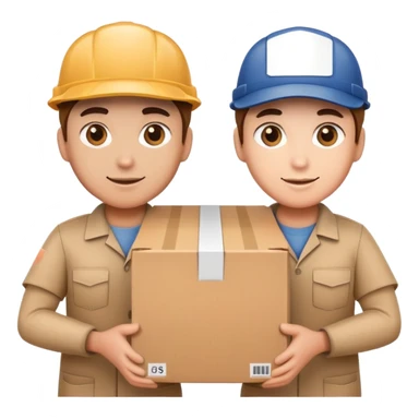two suppliers standing together holding a big box, both wearing caps and work uniforms sticker