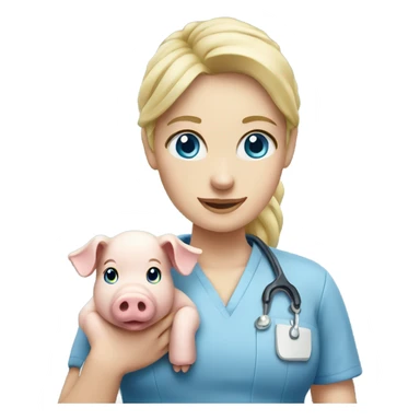 Female blonde vet with blue eyes holding a pig sticker