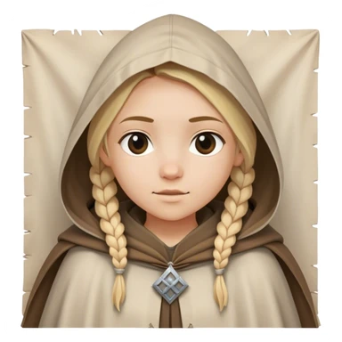 girl with blond braids wearing a cloak with a hood over her shoulders holding a white square of canvas, medieval age sticker