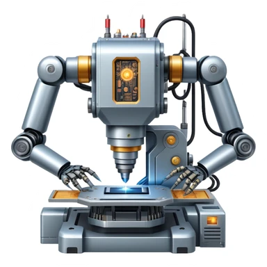An icon featuring a giant robotic machine welding a large microchip with a laser, using two robotic arms. The design includes circuit boards, gears, and technical schematics, symbolizing advanced engineering and automation. Transparent background highlights the fusion of technology sticker