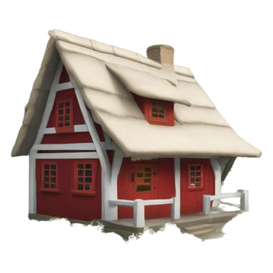 small white cabin with red half-timbering and thatched roof sticker
