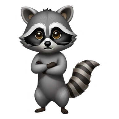 Cinematic-Raccoon-Realistic-Full-Body-Standing-Emoji – Tail flicking lazily, head tilted dramatically, thick grey fur with a signature black mask, sharp and alert ears, simplified yet realistic focused features, highly detailed, glowing with an almost sarcastic glow. sticker