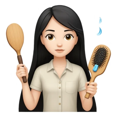 A white woman with long, straight black hair, wearing an ivory-colored shirt, holding a wooden paddle hairbrush in her left hand and spraying a hair mist bottle with her right hand toward her hair. sticker