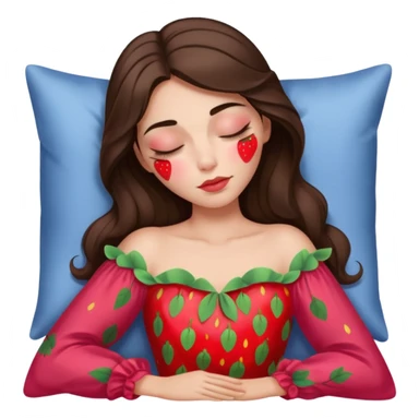 sleeping beauty brunette white girl with a silk pillow strawberry dress with her face painted strawberry sticker