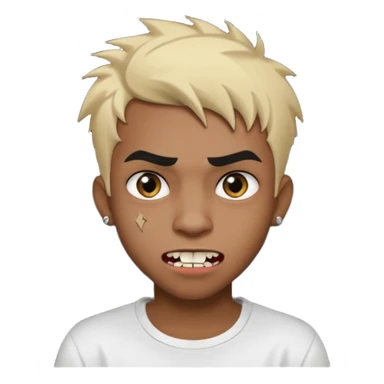 Black Male Teenager with Short punk messy blonde hair, Dark brown bushy eyebrows large expressive golden-brown eyes, wearing a plain white t-shirt, Dark Brown skin color. vampire tooth sticker