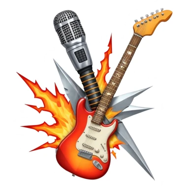 Create a bold and powerful emoji representing rock vocal performance in a humanless collage. The design should feature a vintage microphone at the center, surrounded by a heavy, aggressive hardcore electric guitar with sharp, jagged edges. Include crossed drumsticks behind the guitar, symbolizing the intense rhythm of rock music. Add fiery elements like flames or lightning bolts to enhance the raw energy of the design. Use dark, bold colors like black, red, and silver, with metallic or chrome accents to reflect the rebellious, hard-hitting nature of rock. The background should be transparent. sticker