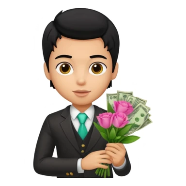 a pretty bratz boy with black hair, holding a bouquet made of money sticker
