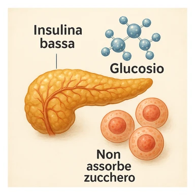Add clear and legible Italian text to the icons in a realistic and symbolic-medical style: label the pancreas with 'Insulina bassa', the molecules with 'Glucosio', and the cells with 'Non assorbe zucchero'. Maintain the realistic and symbolic-medical style with clear and readable text. sticker