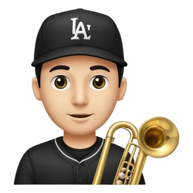 Un señor tocando el trombón (viendo hacia arriba, con los ojos cerrados), que tenga una gorra de béisbol negra de LOS ANGELES (LA), vestido todo de negro sticker