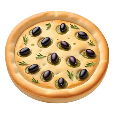 cinematic-realistic-focaccia-bread-dish-emoji,-depicted-as-a-golden,-olive-oil-brushed-flatbread-sprinkled-with-herbs-rendered-with-lifelike-texture-and-soft,-appetizing-lighting showing olives on top  sticker