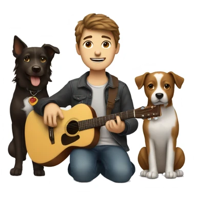 Boy with brown hair with a guitar, a computer, and two dogs. sticker