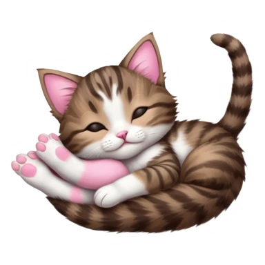 dark brown tabby and white kitten sleeping whilst in funny positions stretched out and  upside down sticker