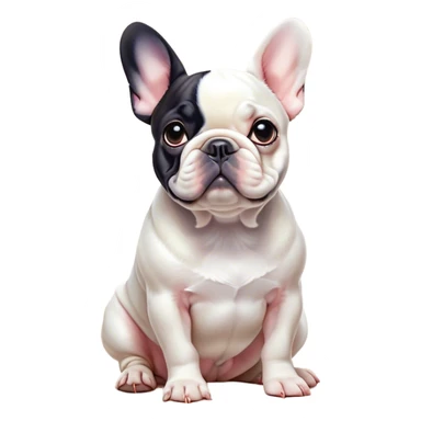 Cinematic Noble Pied French Bulldog Portrait Emoji, Radiating regal yet playful charm, with a distinctive pied fur of contrasting hues and a sculpted, expressive face featuring gentle, wise eyes and a confident stance, simplified yet artistically detailed, glowing with a soft, sophisticated radiance, high shine, exuding intelligent nobility and refined flair, soft glowing outline, capturing the essence of a noble Pied French Bulldog that embodies both strength and grace! sticker