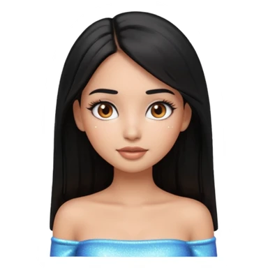 pretty cartoon girl, semi-realistic 3D emoji style, long middle parted straight black hair, tan skin, brown eyes, long eyelashes, soft glam makeup, glossy lips, smooth skin, cute aesthetic, sparkles in hair, white tube top sticker