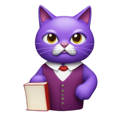 a purple cat wearing a red bob smoking cigarette with a book sticker