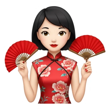a chinese woman wearing a cheongsam holding a folding fan elegantly with fancy, red lipstick and short black hair sticker