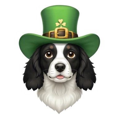 Black and white springer spaniel dog wearing a st Patrick’s day hat sticker