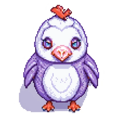 a chicken-pig-penguin creature with a purple nose and red teeth, pixel art style sticker
