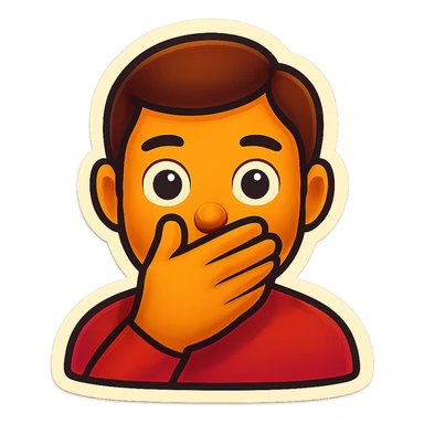 Create an emoji of a man covering his mouth, in the same pose and style as the monkey in the reference image, with a transparent background. sticker