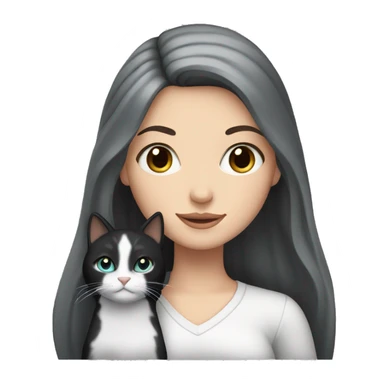 White girl with long black hair and black eyes holding a grey cat sticker