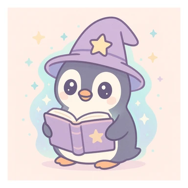 adorable penguin wizard reading a spellbook with a magical aura, cute style sticker