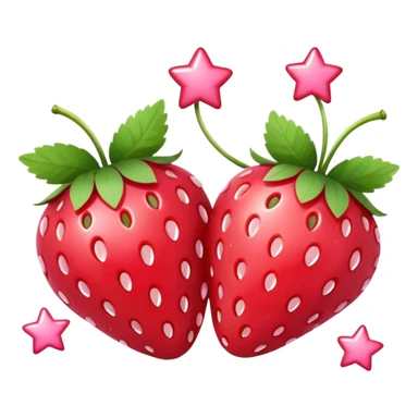 Two strawberries with a pink bow on the stem, with a pink background and white stars sticker