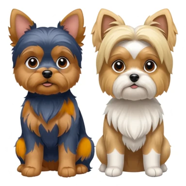 Generate a blue and tan purebred yorkie with a blonde shi tzu yorkie mix with floppy ears sitting next to each other. Make them the same size sticker