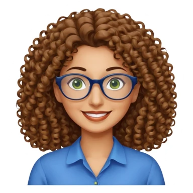 40 yr old Iranian woman, light brown very curly thick hair, shoulder length hair, green eyes, tan skin, big smile, big glasses, with pretty blue blouse sticker