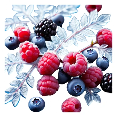“A visually stunning composition of frozen forest berries, including blueberries, raspberries, and blackberries, covered in frosty ice crystals. The berries are fresh and vibrant, with deep reds, purples, and blues. The ice has a translucent, glossy texture, reflecting soft light. The background is a dark, blurred, cool-toned surface to emphasize the contrast and freshness. The composition is artistic, with some berries partially submerged in crushed ice. The overall mood is refreshing, cold, and appetizing. sticker