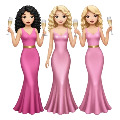 Three woman, one with black curly long hair and pink tight sparkly dress, the other with brown straight long hair and with pink tight sparkly dress and the last one with long blonde wavy hair and with pink tight sparkly dress celebrating with pink champagne sticker
