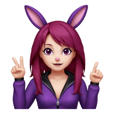 Bunny girl, with dark red crimson hair color, and black bunny ears. Deep purple eyes. Wears a classic bunny suit. List of expressions:
Disappointed expression
Thumbs up with a happy face
Happy face with sparkly eyes
Surprised face like " O_O "
silly and cute dead on the ground with X's on eyes. sticker
