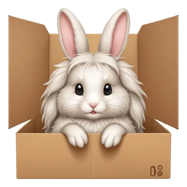  A very cute young Angora long haired rabbit  with one's head tilted to one side poked its paws out of the cardboard big box and placed them on top of it sticker