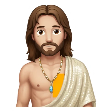 Jesus with long brown hair, ivory sequin baggy loincloth, shirtless with necklace sticker