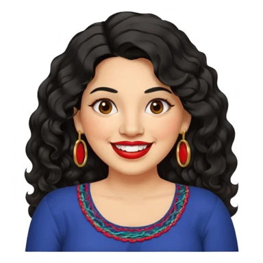 40 yr old Mexican woman, slightly chubby, wavy/curly long black hair, red lipstick, big smile, white teeth, brown eyes, hoop earings, side part to hair, round face, nice blouse, no wrinkle hair side swept, big hoop earing sticker