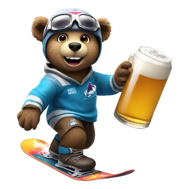 snowboard bear with safe  helmet and goggles in colorado avalanche jersey doing insane tricks while holding a beer sticker