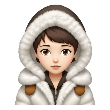 Girl pixiecut Hair Brown in a extremely big fluffy oversized white fur coat with hood on. The fur is real and it’s very obvious big and fluffy  sticker