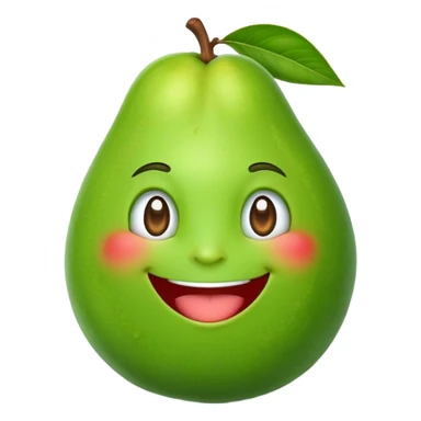 A cartoon guava character with a smiling face sticker