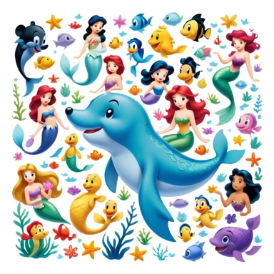 Icon for Animated Characters: A colorful, large-scale collage of beloved cartoon characters, including Franco, Mickey Mouse, Winnie-the-Pooh, Ariel the Little Mermaid, Jasmine and others. Bright and vibrant, full of whimsical charm. Transparent background. sticker