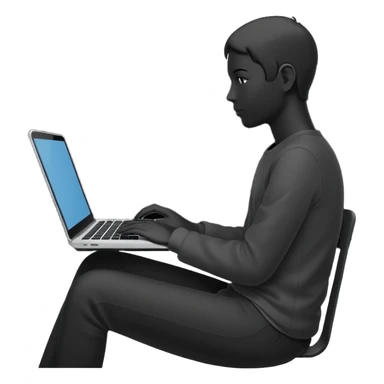 Minimalistic flat vector icon, iOS style, thin black contour on white background. Person silhouette sitting with a laptop, code brackets <> on the screen. Clean, no te sticker