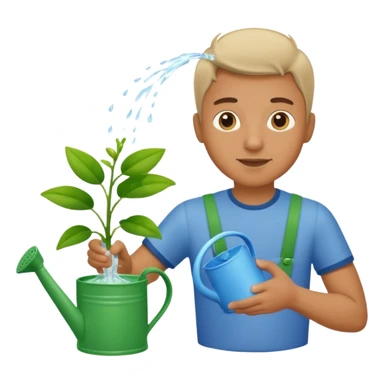 man pouring water onto a green plant,  with a watering can in hand,  sticker