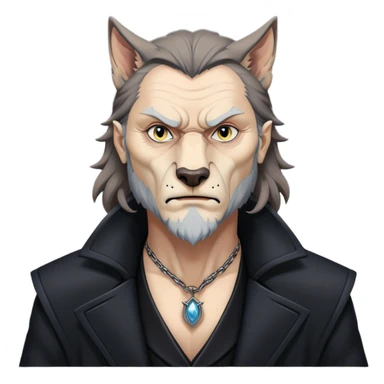 Fenrir Greyback in harry potter, black open chest coat, wolf face, pointed ear sticker
