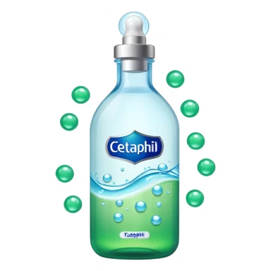 Cetaphil white bottle with light green cap and blue-green label, glowing softly. Surrounded by tiny light orbs and silky sparkles flowing like hydration waves. Feels like a gentle skin shield potion in a glossy, minimalist flask. sticker