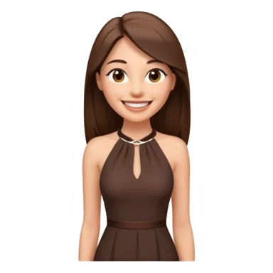 emoji-style illustration of a stylish pretty big smile woman with long straight brown hair, wearing a dark halter neck dress, elegant and minimalistic look, front-facing, soft 3D cartoon rendering, plain background sticker