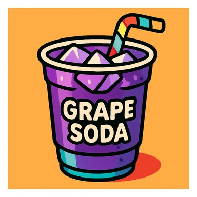 clean, vibrant color cartoon illustration of a cup of grape soda with a purple hue, ice cubes, and a fun straw, TikTok-inspired, minimal and bold sticker