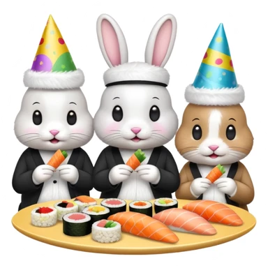 four bunnies together eating sushi at a birthday party, festive, colorful, party hats, birthday decorations, different arrangement, emoji style sticker