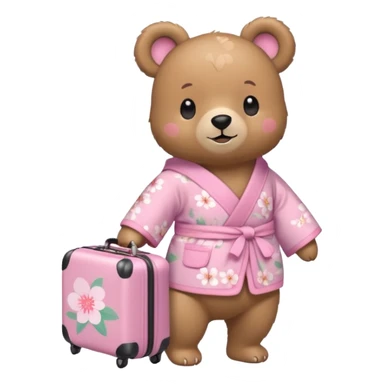 A cute light-brown bear wearing a pastel pink sakura-patterned kimono, normal balanced body ratio.  
Pulling a small suitcase with cheerful excited eyes, backpack on the back, ready for a trip.  
Kawaii emoji style, minimalistic clean sticker illustration, white background. sticker